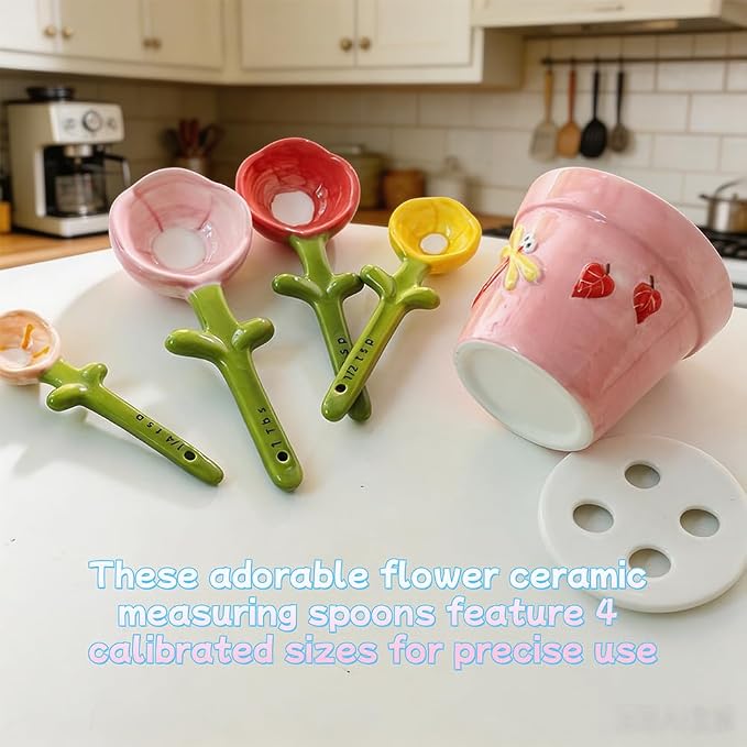Ceramic Measuring Spoons, 2027 New Flower Measuring Spoons Set In Pot, with Base Decorative Flower Pot and Cup Set for Home and Kitchen (Blue base)