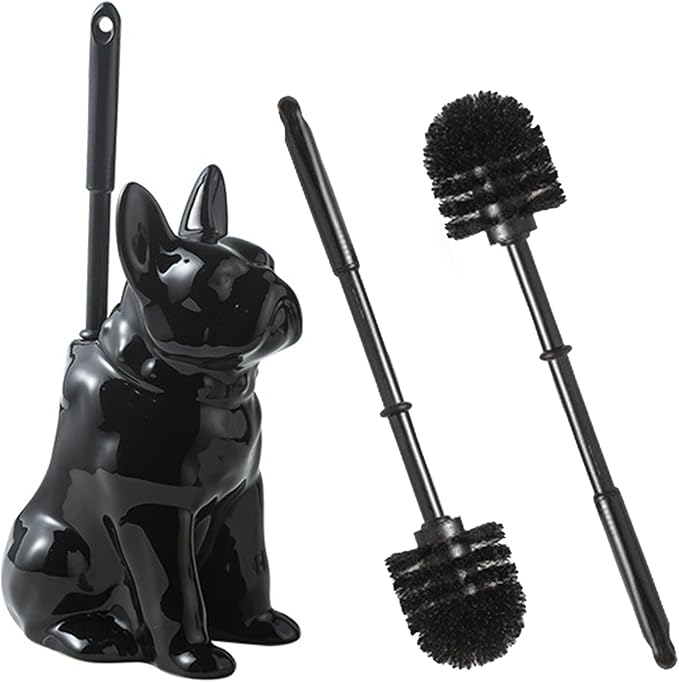Ceramic French Bulldog Toilet Brush Holder – Hideaway Storage & Secure Fit, Space-Saving Design, Premium Ceramic Dog Lover Gift, Includes 2 Durable Scrub Brushes (Black)