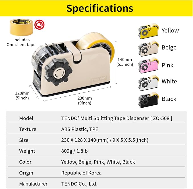 [TENDO°] TENDO Multi-Section Tape Dispenser, Custom Width Tape Cutter with 4 Cutting Sections, Built-in Safety Blade, Ergonomic Grip for Packing and Office Use, ZO-508(Beige)