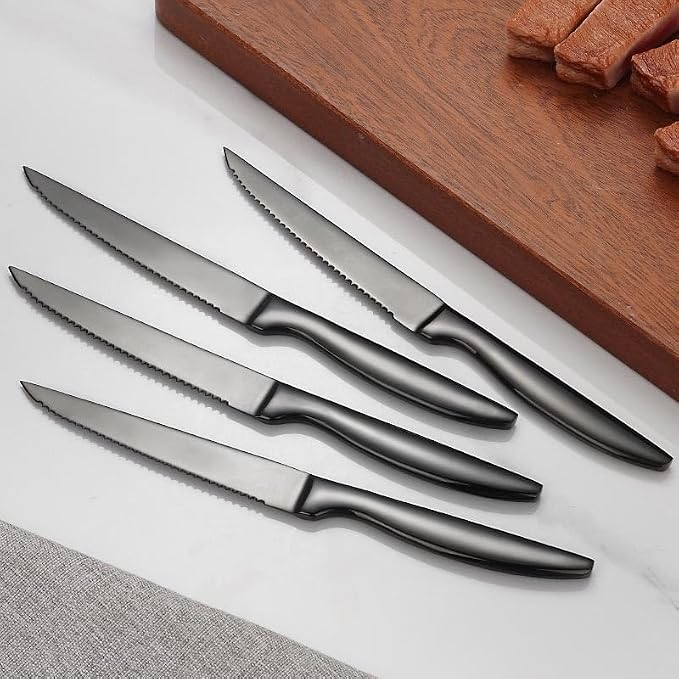 SuperCook Black Steak Knife Set of 6, Serrated Steak Knives, Stainless Steel Steak Knives Set, Kitchen Steak Knife, Dishwasher Safe