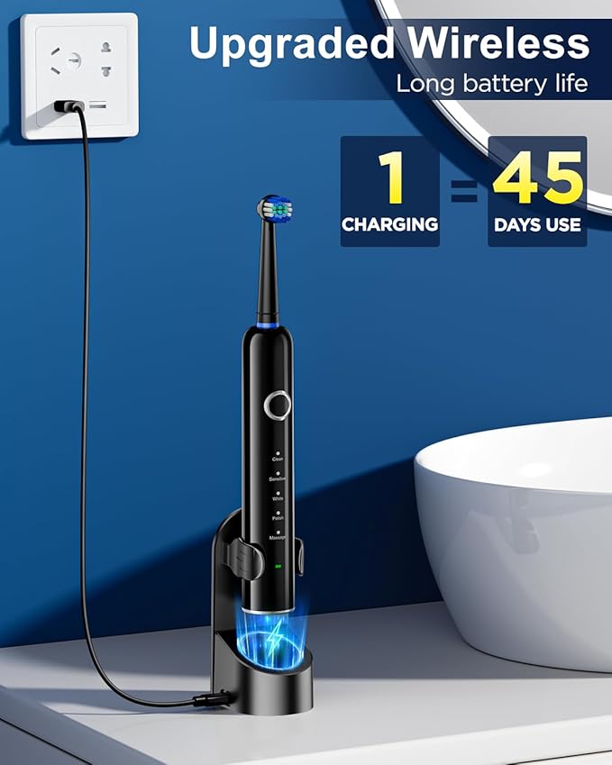 Rotating Electric Toothbrush for Adults, 8 Brush Heads (2 Types) & Travel Case, 5 Cleaning Modes Rechargeable Power Toothbrush with 2-Minute Smart Timer, Black