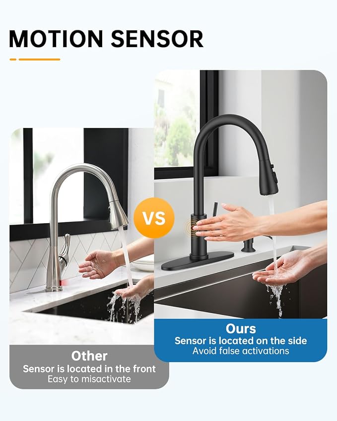 WEWE Touchless Kitchen Sink Faucet with Soap Dispenser, Single Handle Kitchen Faucets with Pull Down Sprayer Smart Motion Sensor Stainless Steel, Matte Black
