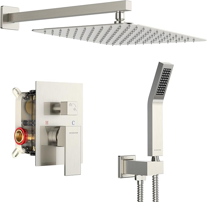 SR SUN RISE 12 Inches Bathroom Luxury Rain Mixer Shower Combo Set Wall Mounted Rainfall Shower Head System Brushed Nickel Finish Shower Faucet Rough-In