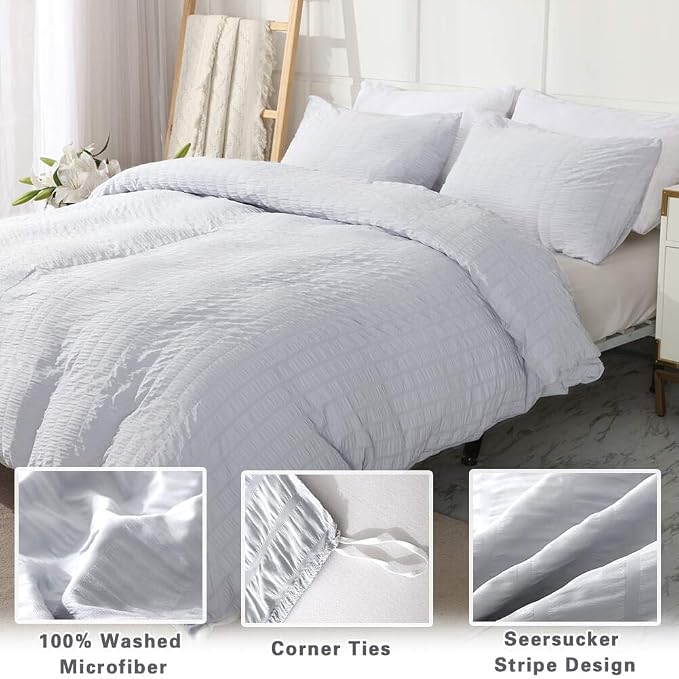 AveLom Seersucker Duvet Cover Set Queen Size (90 x 90 inches), 3 Pieces (1 Duvet Cover, 2 Pillow Cases), Light Gray Ultra Soft Washed Microfiber, Textured Duvet Cover with Zipper Closure, Corner Ties