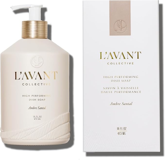 L'AVANT Collective Natural Luxury Dish Soap | Plant-Based, Non-Toxic & Grease-Cutting, Safe for Kids & Pets, Refillable Glass Bottle with Pump, 16 Fl Oz | Ambre Santal