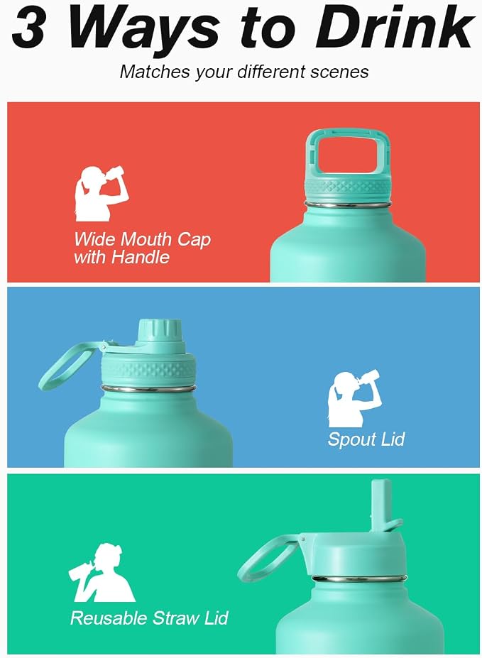 Insulated Water Bottle 64 oz with Straw & 3 Lids, Coolflask Half Gallon Water Jug Large Metal Stainless Steel Wide Mouth for Sports, Gym or Office, Non-BPA Keep Cold 48H Hot 24H, Pacific Prince