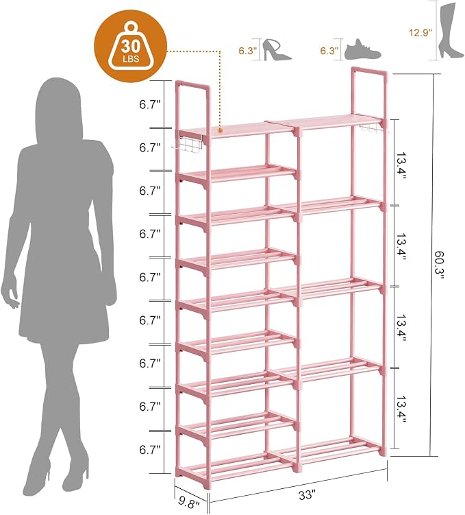 WOWLIVE 9 Tiers Large Shoe Rack White Shoe Rack Organizer for Closet 50-55 Pairs Stackable Heavy Duty Shoe Shelf Shoe Storage with Metal Pipes Plastic Pink