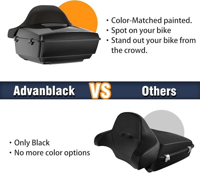 Advanblack Harley Motorcycle Vivid Black King Tour Trunk Pack Luggage +Wrap-Around Backrest Pad for '97-'23 Harley Touring Road King Road Glide Street Glide Electra Glide CVO models