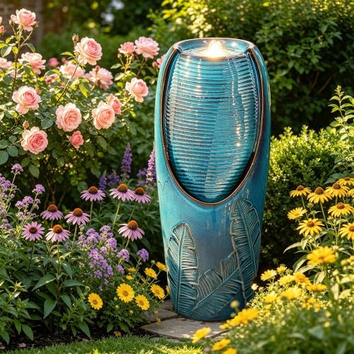Autodaya 33" H Ceramic Jar Outdoor Water Fountain, Banana Leaf-Texture
