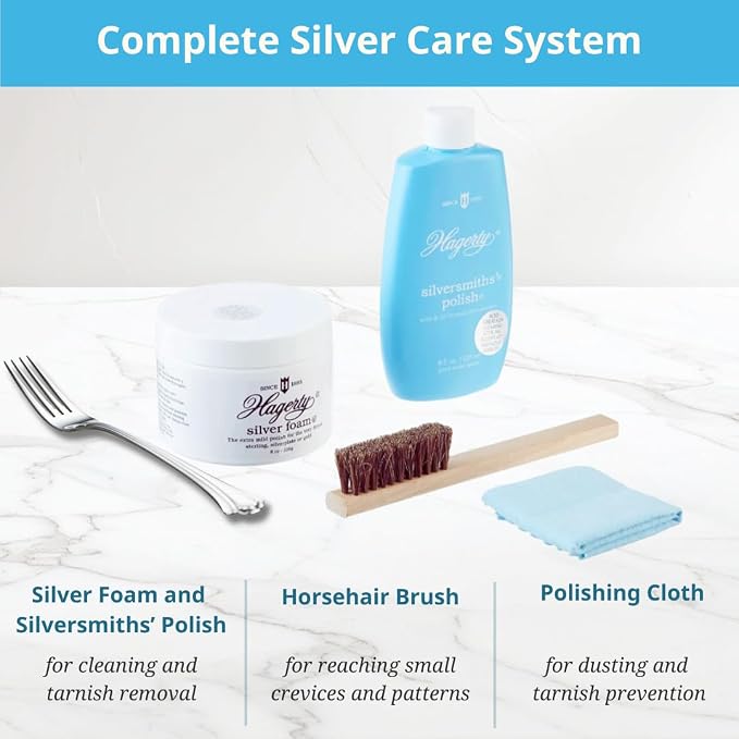 Hagerty Complete Silver Care Kit – 4-Piece Set with Silver Polish, Silver Foam, Polishing Cloth & Brush – Removes Tarnish, Cleans & Protects Sterling Silver and Silver Plate