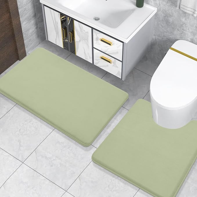 Smiry Memory Foam Toilet Rugs U-Shaped 24x20, Extra Soft Absorbent Non-Slip Contour Bathroom Rugs, Machine Washable Bath Mats for Toilet, Sage Green
