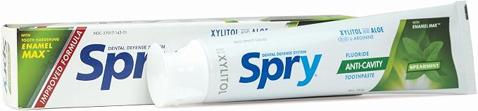 Spry Natural Xylitol Toothpaste with Fluoride, 5oz Spearmint (Pack of 1) | Gentle for Sensitive Teeth Whitening and Remineralizing, Bad Breath Freshening, Dry Mouth Moisturizing, for Adults and Kids