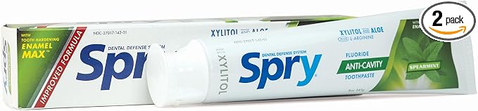 Spry Natural Xylitol Toothpaste with Fluoride, 5oz Spearmint (Pack of 2) | Gentle for Sensitive Teeth Whitening and Remineralizing, Bad Breath Freshening, Dry Mouth Moisturizing, for Adults and Kids
