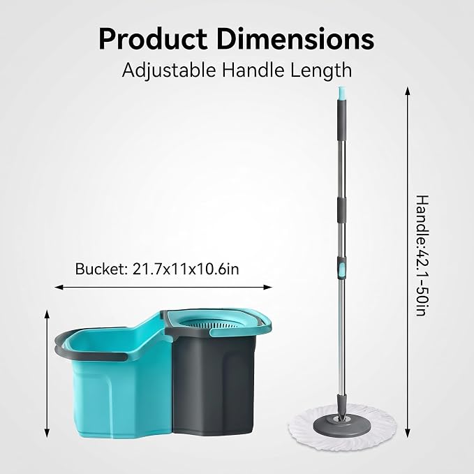 Spin Mop and Bucket Set with 2 Mop Heads, Teal and Grey | Hands-Free Wringing, Detachable Bucket, Deep Clean Microfiber, All Floor Types, Stainless Steel Handle
