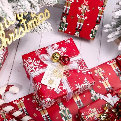WRAPAHOLIC 30 Inch Reversible Nutcracker Christmas Wrapping Paper - 30 Inch x 33 Feet - Red Nutcracker and Snowflake Wrapping Paper for Christmas, Holiday, Party