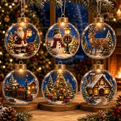 Glowing Christmas Story Ornaments, 6 Pack Light-Up Mini Scenes for Tree