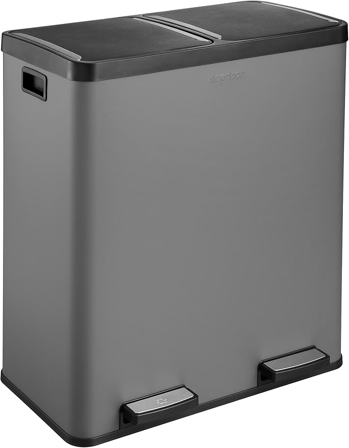 Step N' Sort The 18.5 Gallon Extra Large Capacity, Soft-Step, Dual Trash and Recycling Bin with Removable Inner Bins, Grey