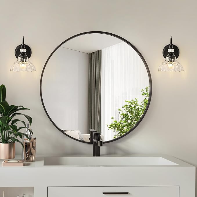 1 Piece Black Wall Sconce, 1-Light Black Farmhouse Wall Sconce with Hanging Crystal Accents and Flower-Shaped Clear Shades for Bathroom Bedroom Living Room,Vintage Vanity Light