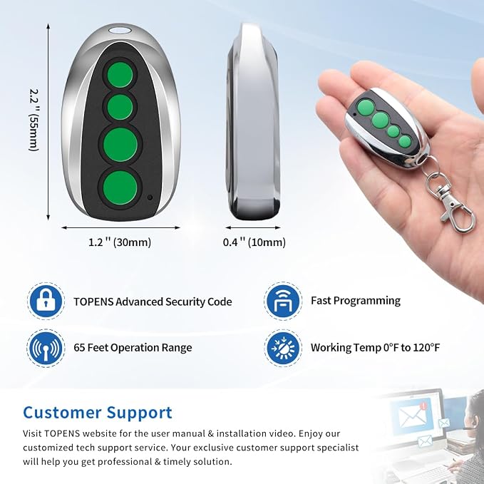 TOPENS M12 Remote Control 4-Button Transmitter for Automatic Swing Sliding Gate Opener 2-Pack Wireless Transmitter Key Fobs Security Gate Controller with Keychain