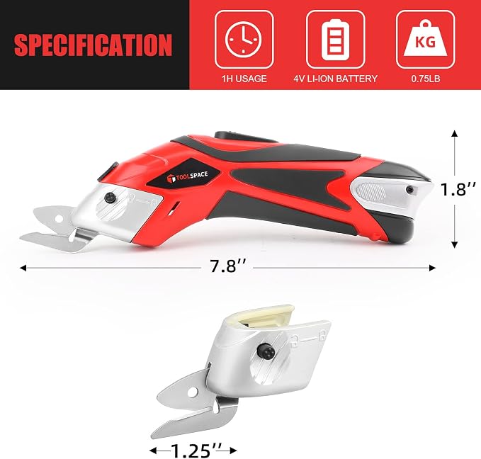 Cordless Electric Scissors with Two Blades, TOOLSPACE Electric Cardboard Cutter Fabric Scissors for Cutting Fabric, 4V Lithium-Ion 2 Pcs Rechargeable Battery, Easy Carry and Fast Charging