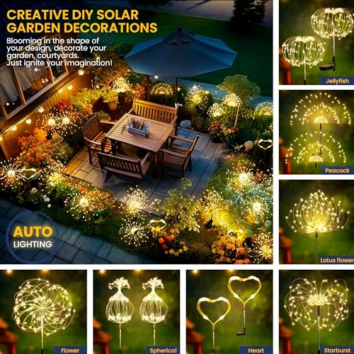 GIGALUMI 8 Pack Solar Firework Lights Outdoor, Garden Decor, Warm White