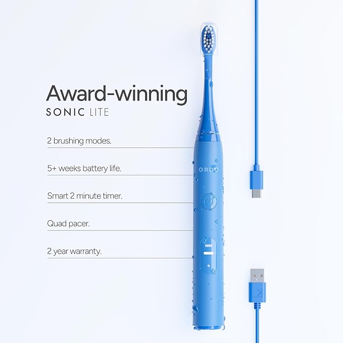 ORDO Sonic Lite Electric Toothbrush, Adults, Rechargeable, USB-C, Sky | Rechargeable sonic electric toothbrush, 35,000 pulses/min, dual modes, smart timer, 5+ week battery, USB-C charger