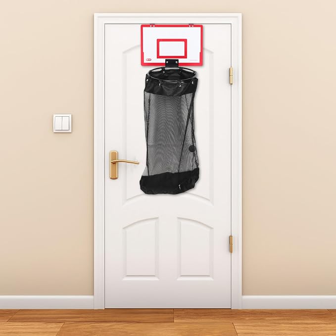 Wooden Basketball Hoop over Door Laundry Hamper Basket | Red Wood Backboard, Mesh Net and Iron Frame, Foldable Hanging Bag with Self Adhesive Hook for Laundry Room or Nursery