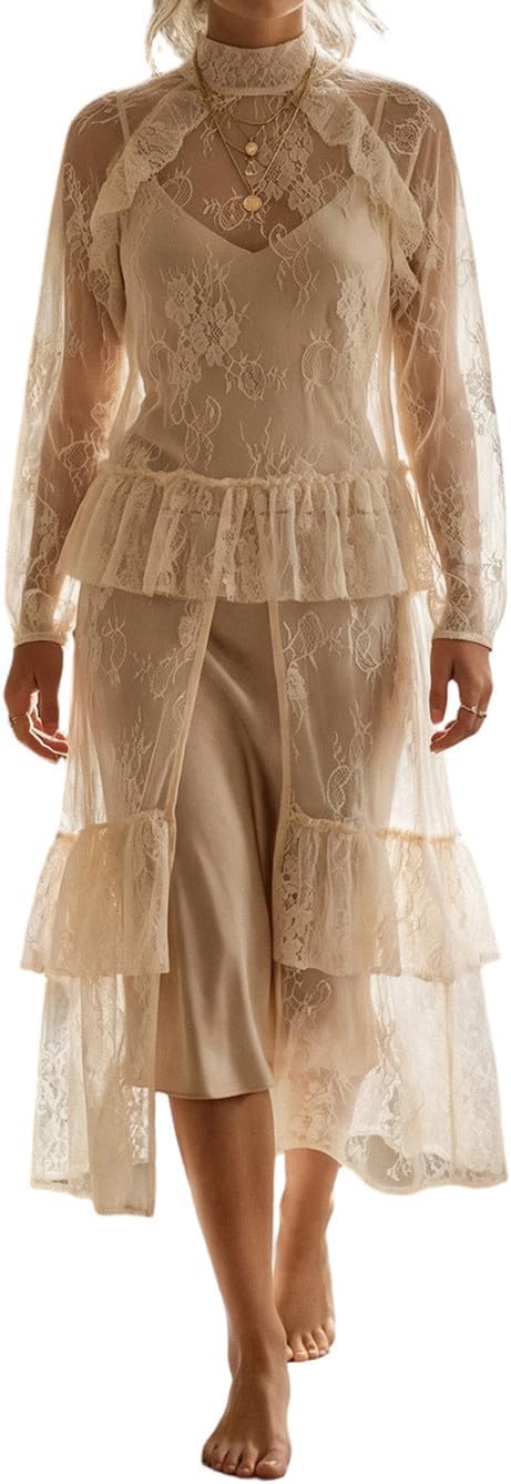 Women Sheer Long Sleeve Lace Duster Robe See Thru Mesh Short Front Long Back Casual Flowy Top Asymmetrical Coverup