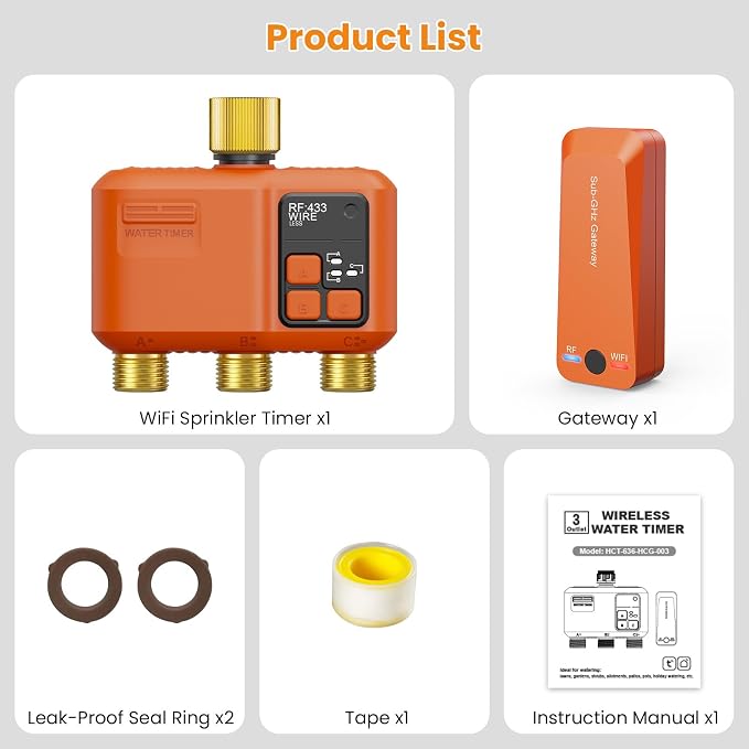 WiFi Water Timer for Garden Hose 3‑Zone, Smart Hose Timer with 984ft Long‑Range & Strong Wall‑Penetration, APP & Control,Voice Control, Rain Delay & Manual Mode, Brass Inlet & Outlet