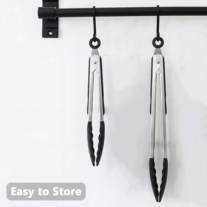 Kitchen Tongs for Cooking with Non-Stick Silicone Tips, 600°F Heat Resistant Silicone Cooking Food Tong Set Heavy Duty Stainless Steel Handle for Baking Grilling BBQ Salad Serving, 9" and 12"