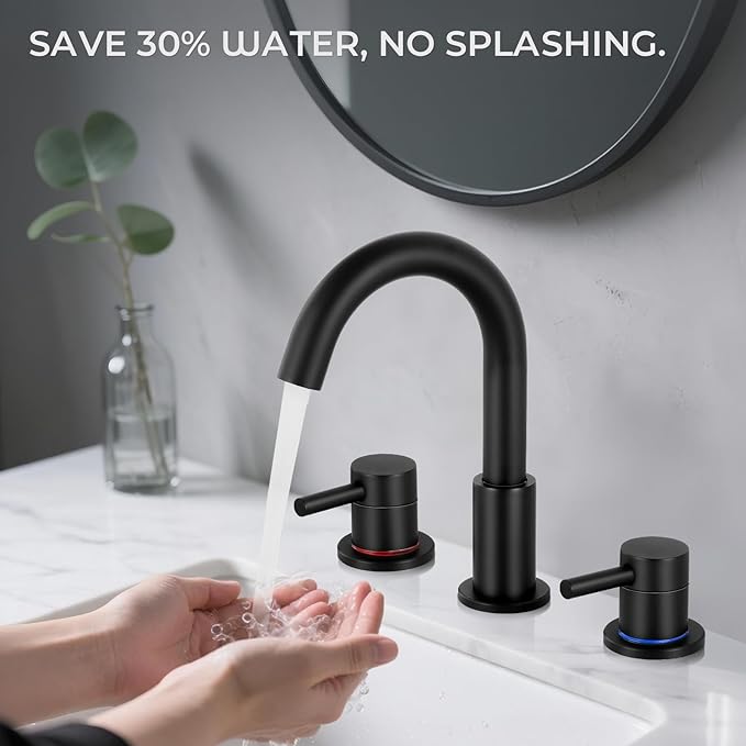 Bathroom Faucet 3 Hole, Matte Black Bathroom Sink Faucet with Pop Up Drain, 8 Inch Widespread Bathroom Faucet with 360° Swivel Spout, 2 Handle Vanity Faucet with Water Supply Hoses (2 Pack)