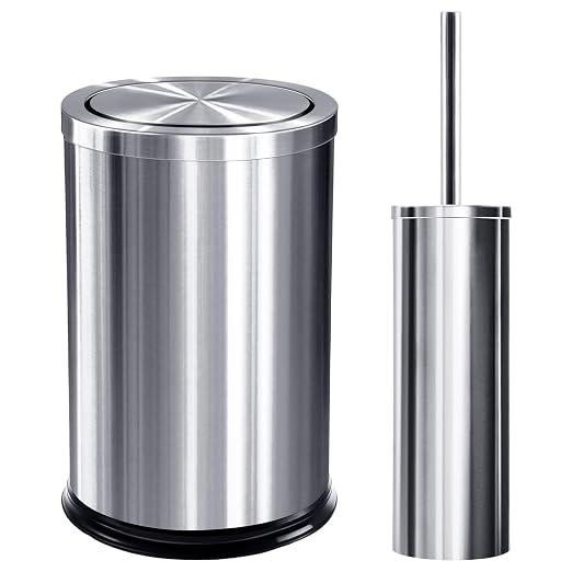 Maxdot 2 Pcs 2.4 Gallon/9 L Silver Bathroom Trash Can with Flip Lid and Toilet Brush Set, Small Luxury Stainless Steel Garbage Trash Can Wastebasket Bin for Home Office Hotel Bathroom Bedroom Kitchen