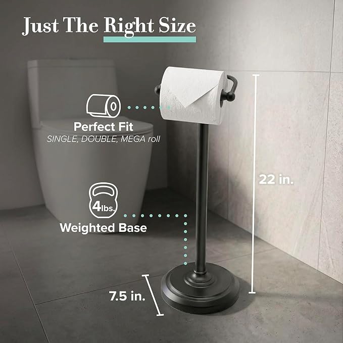 Gatco 1436MX Toilet Paper Holder Stand, Weighted Base, Matte Black, Freestanding Bathroom Floor Stand, 22 Inch