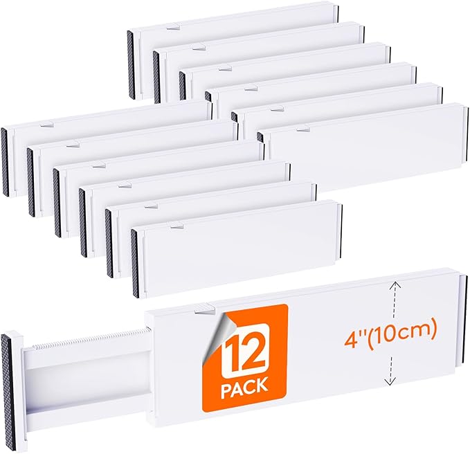 Lifewit 12 Pack 4" High Drawer Dividers 34-56cm/13.5-22" Adjustable Drawer Organizer for Clothes/Utensils, Expandable Drawer Separator in Dresser/Kitchen/Bedroom/Office Organization & Storage White