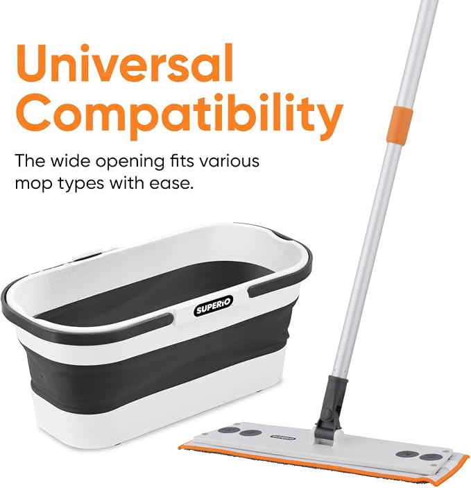 Superio Miracle Mop with Telescopic Handle & Microfiber Pad, Fold N Go 10L Collapsible Mop Bucket with Wheels - Portable Cleaning Set for Vinyl, Tile, Hardwood & More - Grey