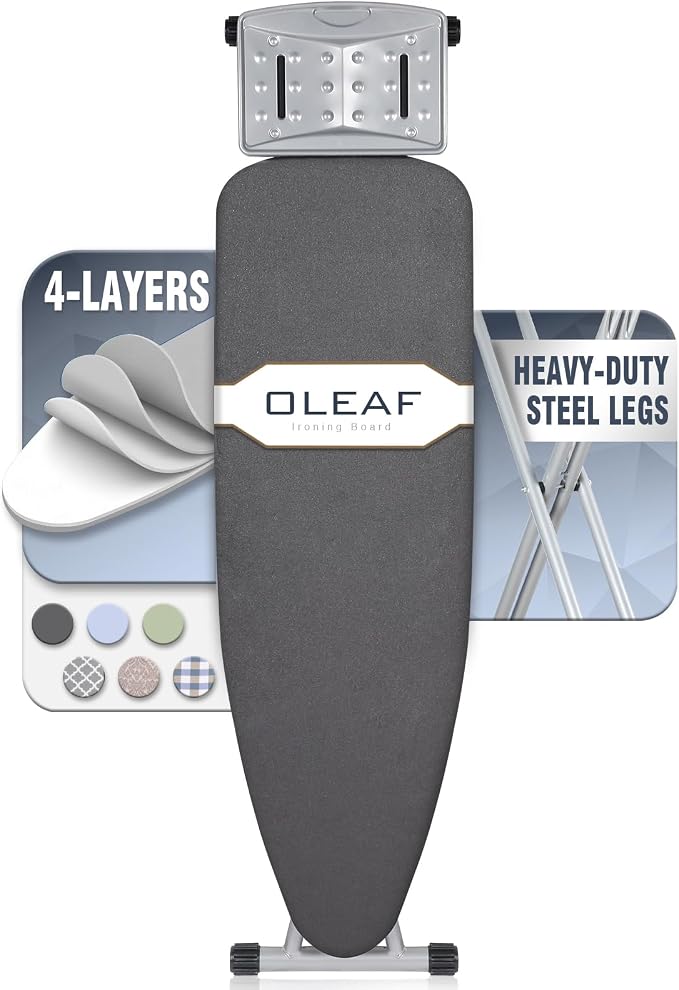 oleaf Ironing Board with Cover and Thicken Pad Height Adjustable Full Size Foldable Iron Board with Iron Rest, Stable Steel Legs, Metal Construction, Heat Resistant, Dark Gray