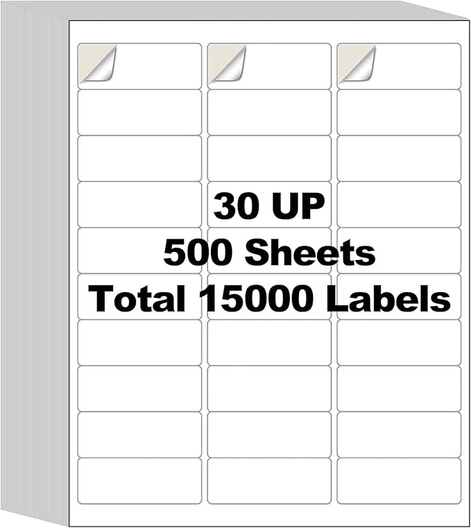 500 Sheets 15000 Address Labels, AveneMark 30-UP 1" x 2-5/8" Shipping Sticker Papers for Laser and Inkjet Printers, 30 Labels per Sheet