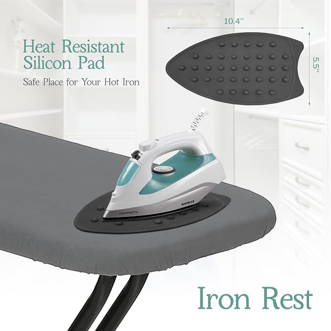 BlissBoard Full Size Ironing Board 54x14 Modern Gray | Heavy Duty Iron Table with Extra Thick Padded Cotton Cover, 7 Heights Adjustable, Heat-Resistant Iron Rest & Hanging Hook