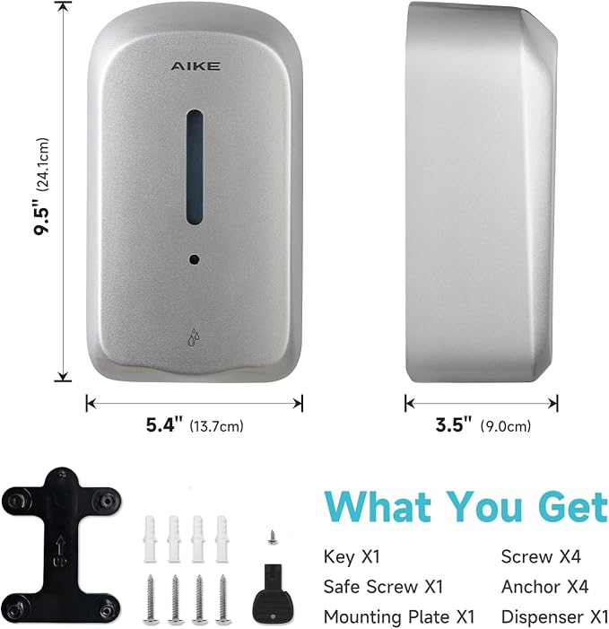 AIKE Liquid Automatic Soap Dispenser,33.8oz Capacity for Bathroom,Silver | 5-Level Adjustable and Savety Key for Commercial(4*AA Batteries Not Included),Screw Wall Mount for Space-Saving,AK1226S