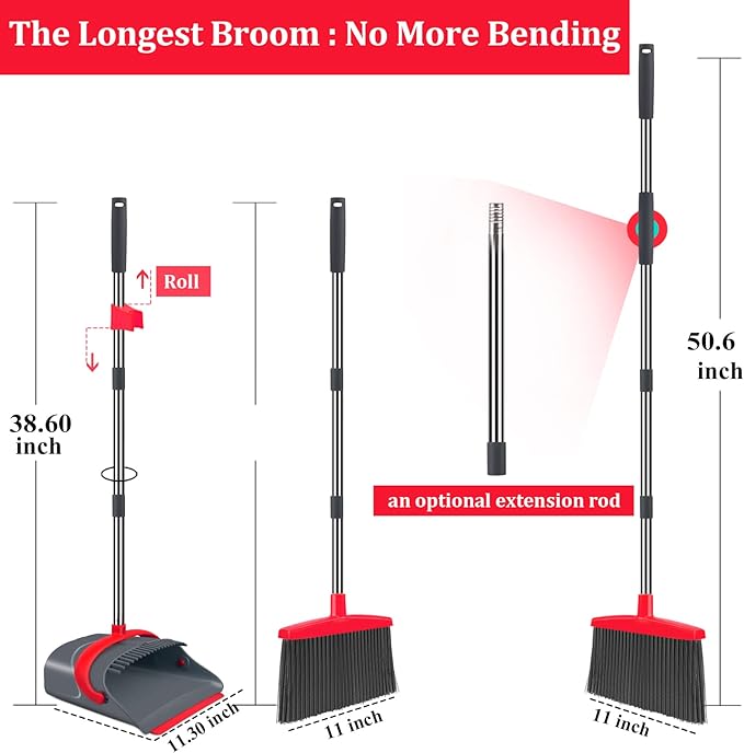 Ivandar Broom and Dustpan Set,Broom with Dustpan Combo Set Dust pan with Long Handle, for Home Kitchen Room Office Lobby Floor Use Upright Stand Up(Gray&Red)