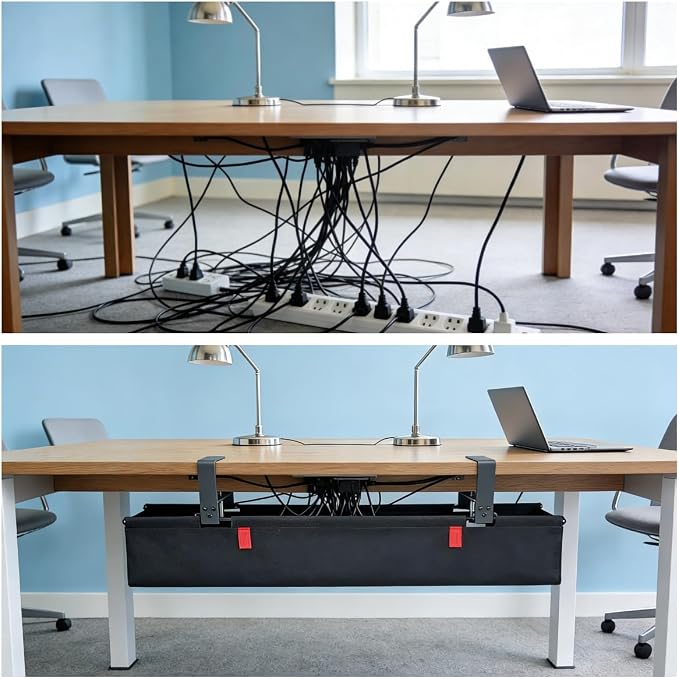 Under Desk Cable Management No Drill – 48" L x 6" W Cord Organizer, Upgraded Silicone Pads (No Scratch!), 16 Cable Slots, Washable PE Honeycomb Base, Fits Desks 0–2.1" Thick, Beige