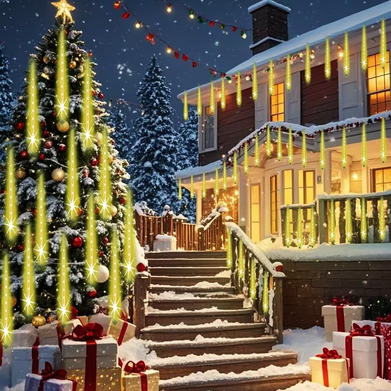 Weepong Christmas Lights Outdoor Falling Rain Meteor Shower Lights 12 inch 16 Tube 384 LED Snowfall Icicle Cascading String Light for Xmas Tree Christmas Decorations Holiday Garden, UL Plug,Warm White