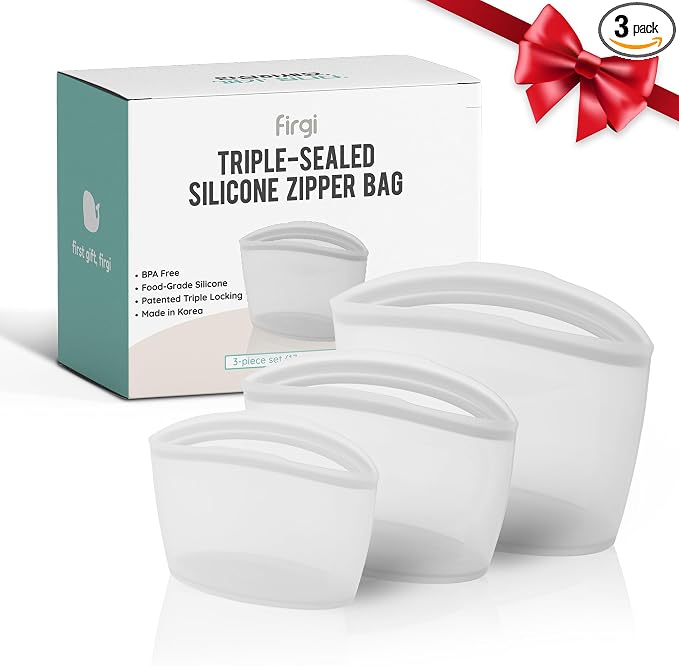 Reusable Silicone Food Storage Bags, 3-Pack Variety Set (2, 3.5, 6 Cups), Made in Korea BPA-Free Silicone, Triple-Airtight Freezer Bags, Microwave Safe, Sous Vide, Zip Lock Pouch, White