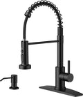 FORIOUS Kitchen Faucet with Soap Dispenser, Black Stainless Steel Sink Faucet with Sprayer Single Handle, Commercial Modern Spring Faucet for Kitchen Sink, Bar & Prep Sink, Laundry RV Camper