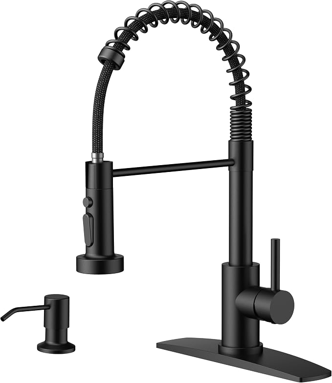 FORIOUS Kitchen Faucet with Soap Dispenser, Black Stainless Steel Sink Faucet with Sprayer Single Handle, Commercial Modern Spring Faucet for Kitchen Sink, Bar & Prep Sink, Laundry RV Camper