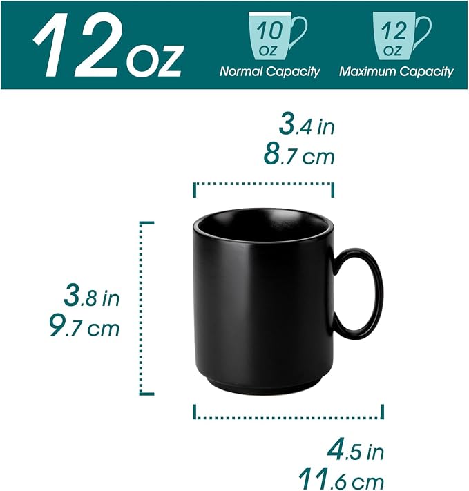 vancasso Porcelain Coffee Mugs Set of 6, 12 Oz Black Coffee Cups for Latte, Cappuccino, Tea & Hot Cocoa, Sleek Modern Café Style for Home, Office & Coffee Bar, Microwave & Dishwasher Safe