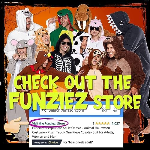 Funziez! Adult Onesie Halloween Costume Animal Dinosaur Shark Unisex Plush One Piece Cosplay Suit for Adults, Men and Women