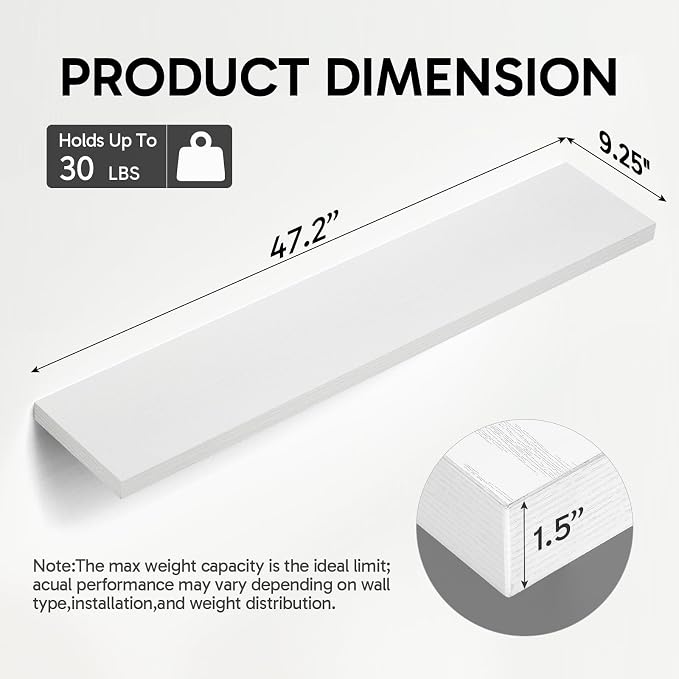 BAYKA Floating Shelves, 47.2 inches Long Heavy Duty Wall Mounted Rustic Wood Shelves for Bathroom, Bedroom, Living Room, Kitchen, Office, Hanging Shelf for Books/Storage/Decor(White,Set of 2)