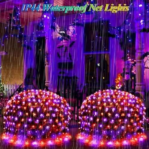 Lovelite 510LED Halloween Net Lights, 28ft x 5ft Outdoor Mesh Lights Purple Orange Clear Wire, 8 Modes & Timer, Waterproof Connectable String Lights for Bushes Xmas Tree Garden Holiday Party