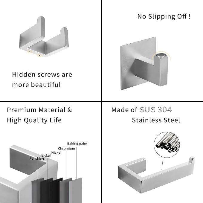 Fapully 23.6-Inch 6 Piece Bathroom Hardware Accessories Set Stainless Steel Wall Mounted Brushed Nickel Include Towel Bar,Hand Towel Holder,Toilet Paper Holder,Robe Towel Hook,Coat Hook,Towel bar Set